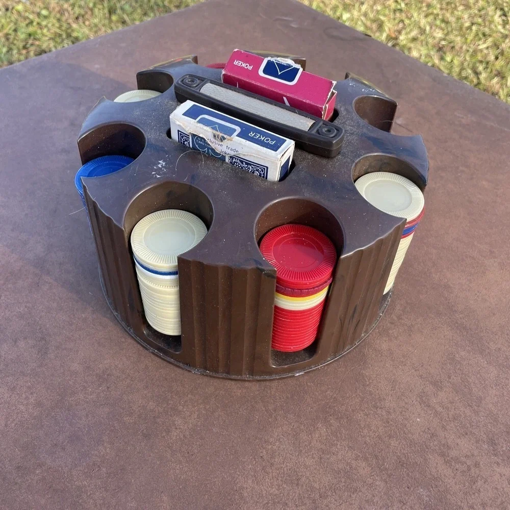 Vintage Circular Poker Chip Rack Cards Chips White Red Blue Brown